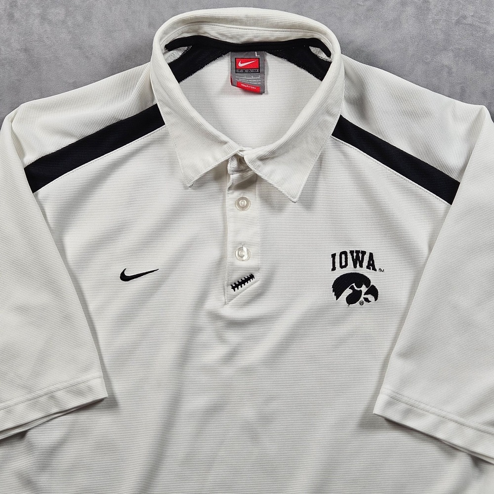 Nike Team Iowa Hawkeyes Polo Shirt Mens Large White Logos Performance Golf